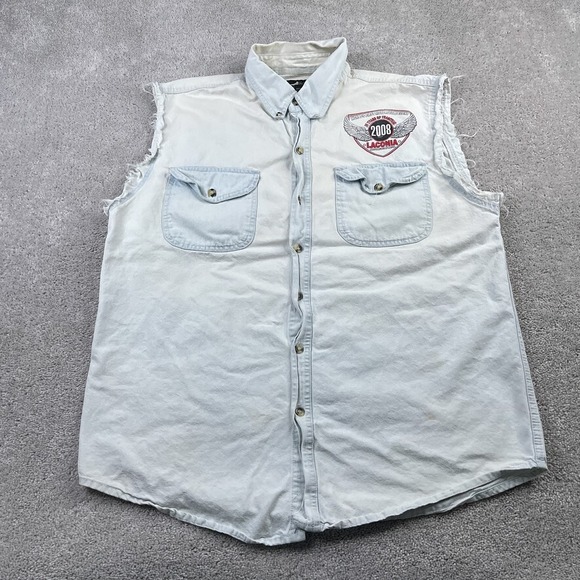Biker Design Shirt Mens XL Blue Denim Laconia‎ Bike Week 2008 Logo Cut Off Faded - Picture 1 of 12